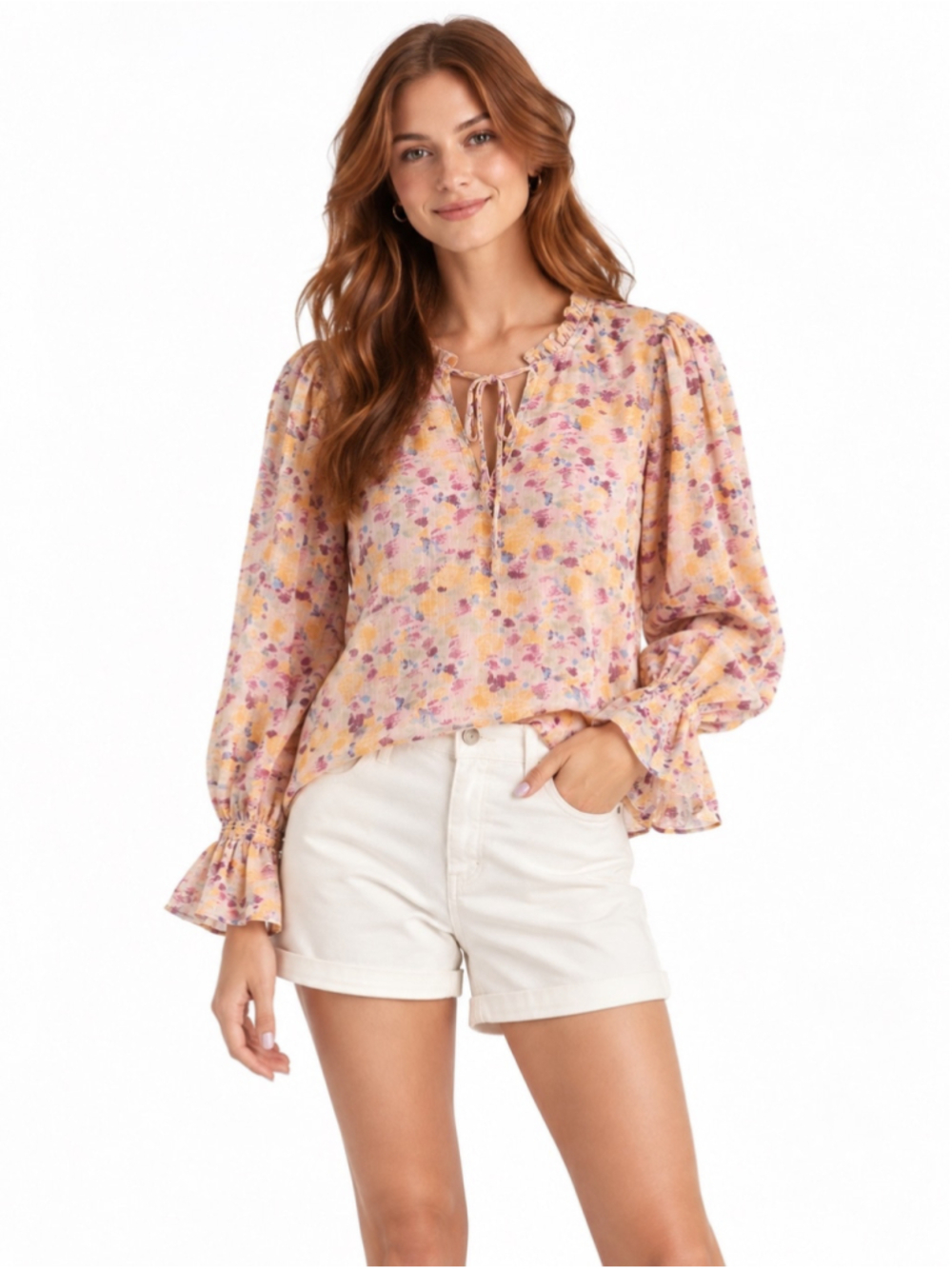 Emily Daniels Floral Blouse Size L Pink Yellow Ruffle Neck NWT